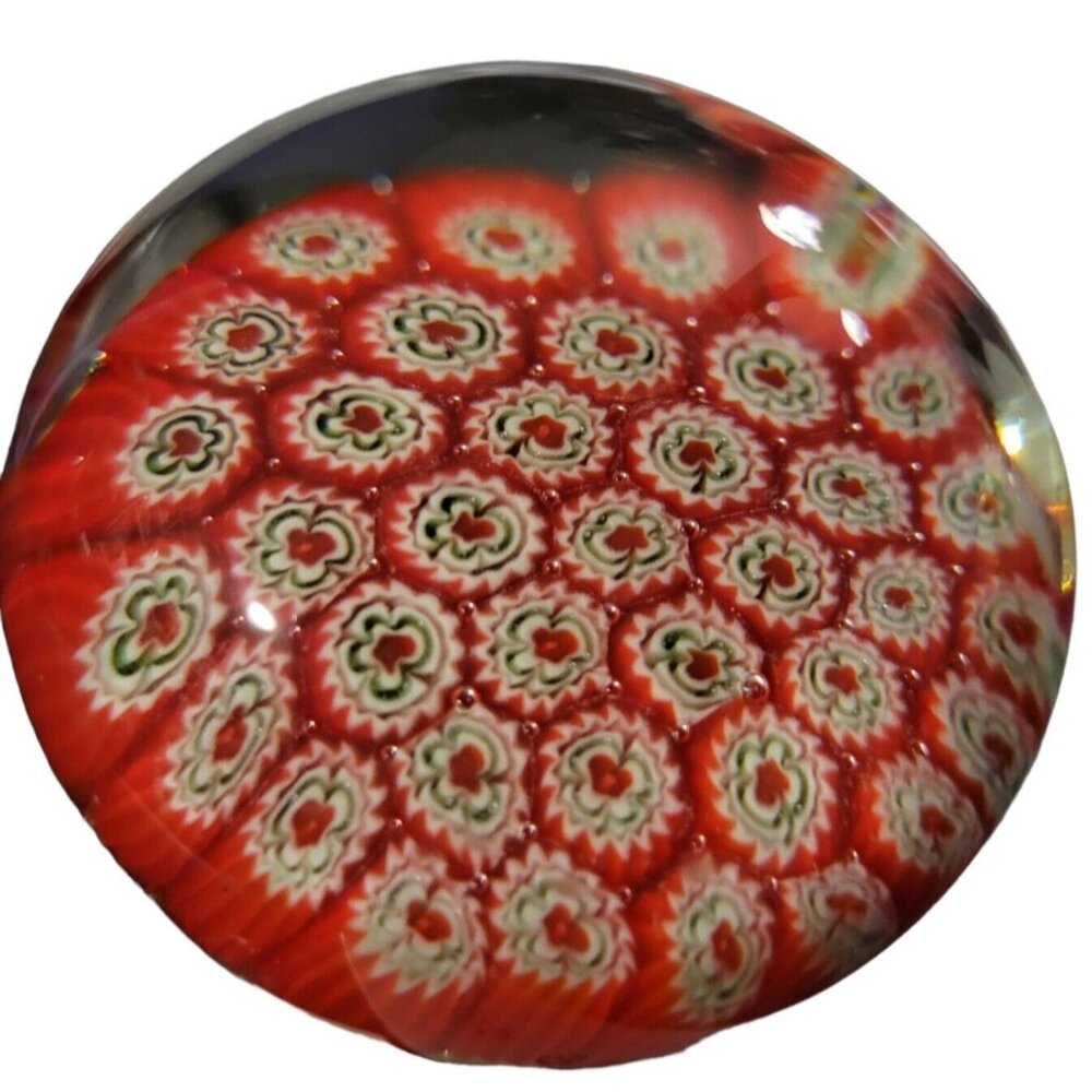 Milliefiori Italian Red White Blue Art Glass Decorative Paperweight Vintage